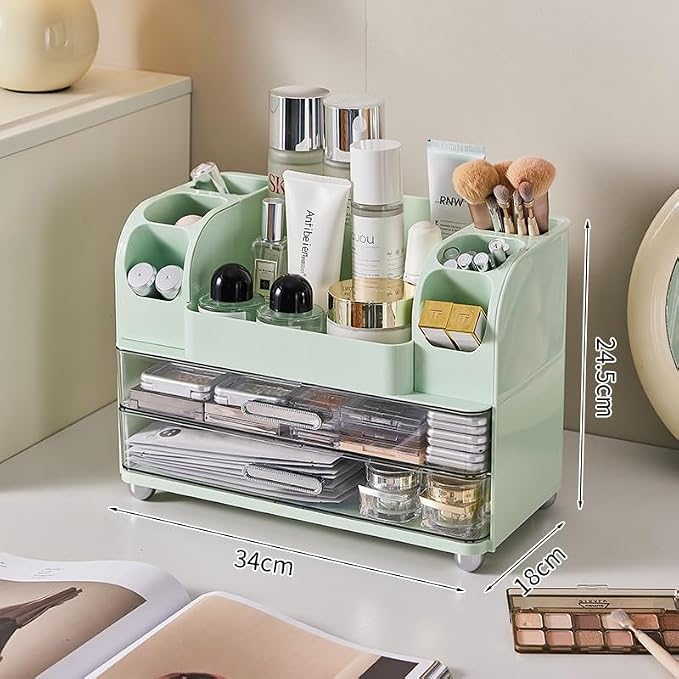 Large Makeup Organizer for Vanity - Perfume Cosmetic Display Cases | Skincare Organizers with 2 Drawers for Bathroom Dresser Desk, Easy to Store Brush Eyeshadow Lipstick Beauty Supplies, Green