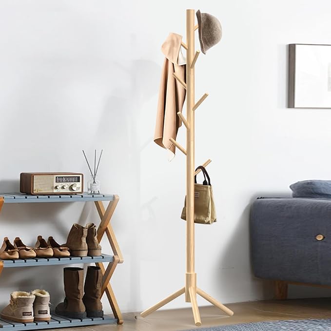 Aliphon Wooden Coat Rack Stand, Freestanding Coat Rack with 8 Hooks, 3 Adjustable Size Coat Tree for Hats, Coats, Scarves bags, Coat Hanger Stand Used in Bedroom/Office/Entryway (Natural)