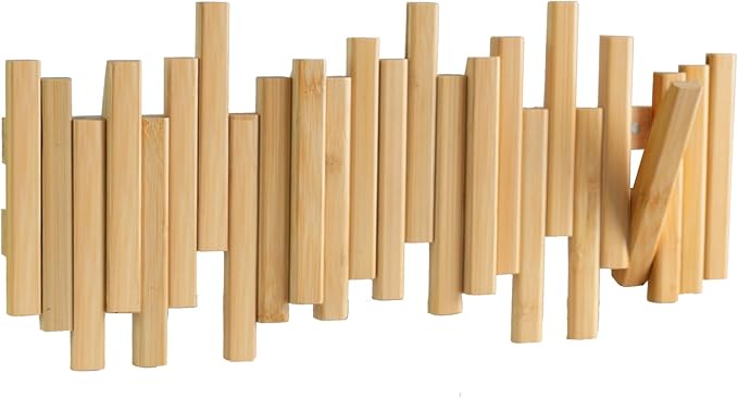 MinBoo Bamboo Multi Hook Coat Rack – Modern, Unique, Space-Saving Coat Hanger with 4 Flip-Down Hooks for Hanging Coats, Christmas Decorations,Bamboo