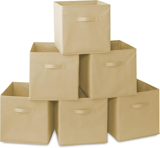 Casafield Set of 6 Collapsible Fabric Cube Storage Bins, Sandy Beige - 13" Foldable Cloth Baskets for Shelves, Cubby Organizers & More