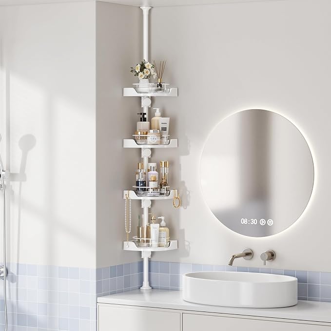 akinbas 360° Rotating Shower Caddy Tension Pole with 4-Tier Rustproof Lazy Susan 35-128 Inch No Drilling Coner Shelves Adjustable Shower Rack for Bathroom Bathtub Washbasin Plant Storage (White)