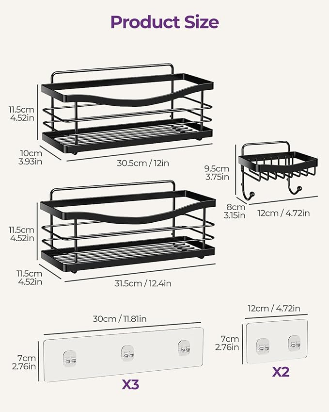 ODesign 3 Pack Adhesive Shower Caddy,Stainless Steel Shower Shelves,Black | No Drilling Shower Shelves Rack,Rustproof Shower Organizer with Soap Holder,Shelves for Bathroom Storage & Home Decor