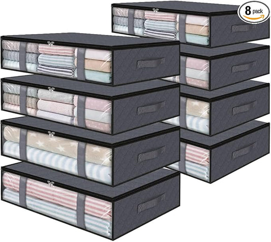 StorageRight Under Bed Storage Bags, 8 Pack, 40L, Gray | Breathable Non-Woven Fabric with a Clear Window and Zippered Top for Clothes, Comforters, Blankets and Seasonal Storage