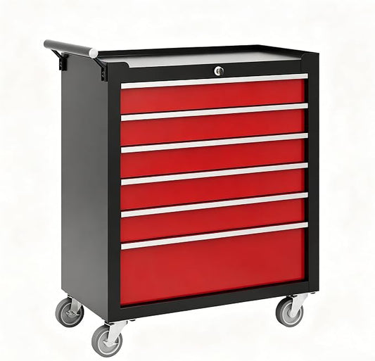 Garvee Rolling Tool Chest, 6 Drawers Tool Storage Cabinet, Toolbox with Wheels, Portable Tool Cabinet Organizer with Locking System & Drawer Liners, Tool Storage Cart for Garage, Workshop, Black＆Red