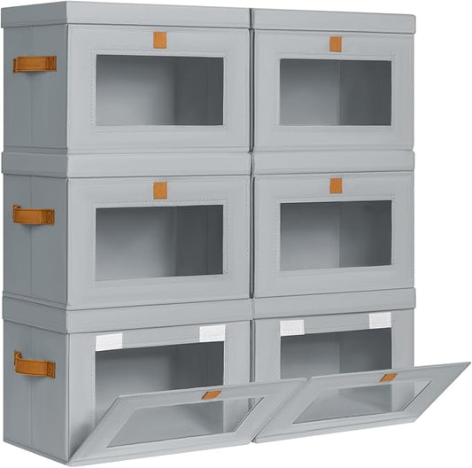 DIMJ Storage Bins with Lids - 6 Pack Front Opening Stackable Fabric Storage Boxes with Clear Window & Handles, Collapsible Closet Organizers for Clothes, Sweaters, Shelf Storage, Bedroom, Gray