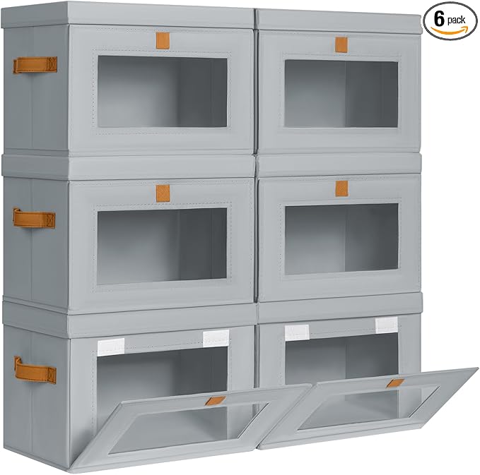 DIMJ Storage Bins with Lids - 6 Pack Front Opening Stackable Fabric Storage Boxes with Clear Window & Handles, Collapsible Closet Organizers for Clothes, Sweaters, Shelf Storage, Bedroom, Gray
