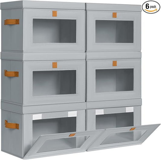 DIMJ Storage Bins with Lids - 6 Pack Front Opening Stackable Fabric Storage Boxes with Clear Window & Handles, Collapsible Closet Organizers for Clothes, Sweaters, Shelf Storage, Bedroom, Gray