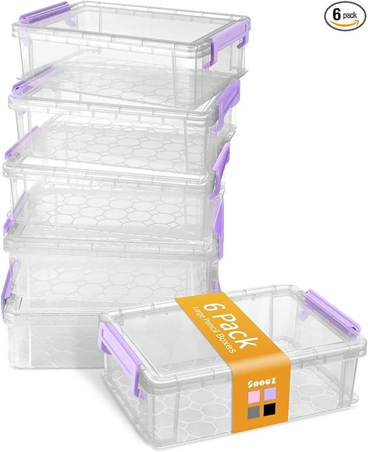 Sooez 6 Pack Extra Large Pencil Box, Plastic Pencil Case Crayon Box | Clear Marker Organizer Plastic Containers with Lid, Stackable Storage Boxes for Art Craft,Back to School Supplies, Purple