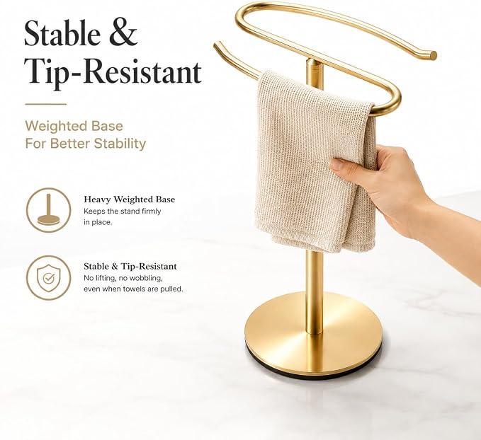 Brusehd Light Gold Hand Towel Holder Stand,13 Inch Free-Standing Towel Rack, SUS304 Stainless Steel Towel Bar Rack Stand, Tower Bar for Bathroom Kitchen Vanity Countertop