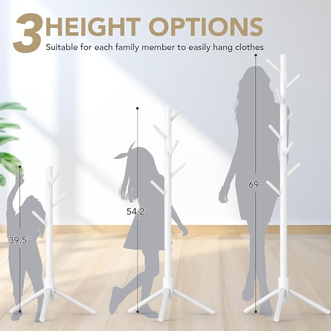 Wooden Coat Rack Freestanding with 8 Hooks,Easy Assembly New Zealand Pine Tree Coat Racks, 3 Adjustable Sizes for Clothes, Hats, Bags, for Entryway, Hallway, Bedroom, Office (White, 1 PC)