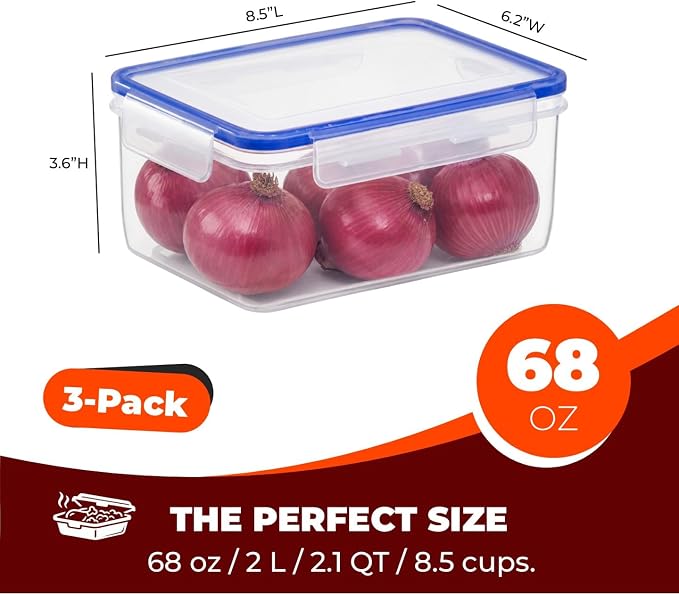 Tribello 68 oz Airtight Food Storage Containers with SnapTight Lids – Clear, Stackable, BPA-Free Meal Prep Containers for Kitchen, Freezer & Pantry – 3-Pack