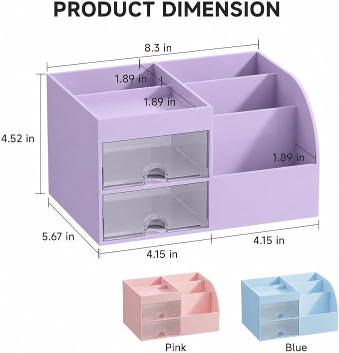 Makeup Organizer with 2 Drawers, Makeup Organizers Countertop for Vanity and Bathroom, Make up organization and Skincare Storage with Brush Holder, for Dresser, Desktop, Cosmetic Display Case (Purple)