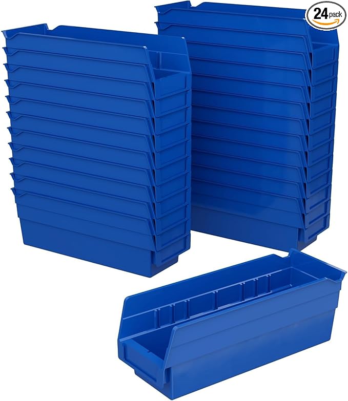 Akro-Mils 30120 Heavy Duty Plastic Shelf Bins, 12"x 4"x 4", Blue, 24-Pack | Heavy Duty Nesting Storage Bins for Garage, Closet, Refrigerator, Kitchen, Cabinet, Drawer Organization, Pantry Organization