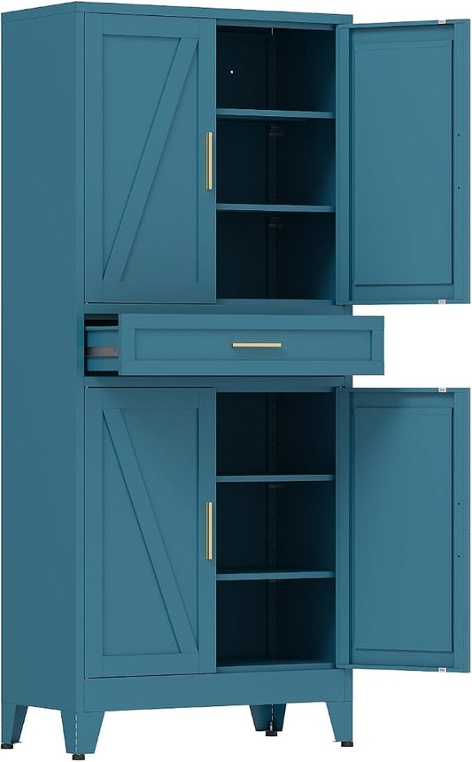 COFaR 71 in Tall Kitchen Pantry Cabinet with Drawer, Metal Pantry Storage Cabinet with 4 Adjustable Shelves and 4 Barn Doors, Freestanding Farmhouse Food Cupboard for Dining Room, Peacock Blue 6-Tier