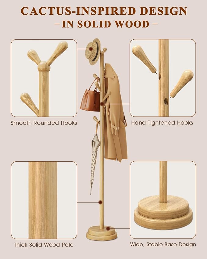 STARSAGA Solid Wood Coat Rack Freestanding Coat Tree with 8 Hooks | Adjustable Height Heavy Duty Coat Rack with Rounded Hooks & Dual-Layer Base, Holds Coats Hats Bags for Entryway, Bedroom