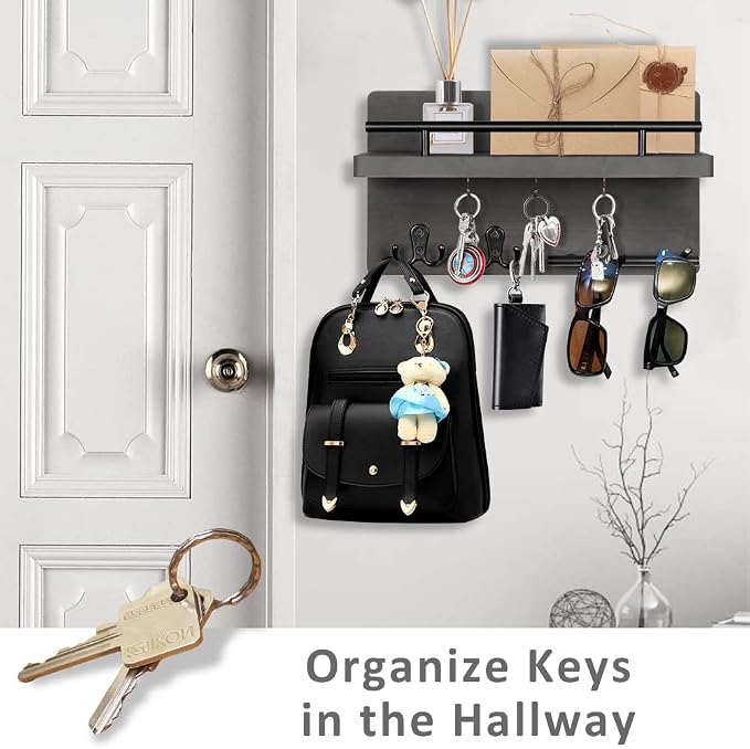 Wooden Key Holder Wall Mount With 5 Hooks For Entryway, Mudroom, Hallway | 2-Tier Design, Supports Up To 20 Lbs, Key Holder with Sturdy Black Metal Rail for Mail Plant Wallet Coat, Homeowners Renters
