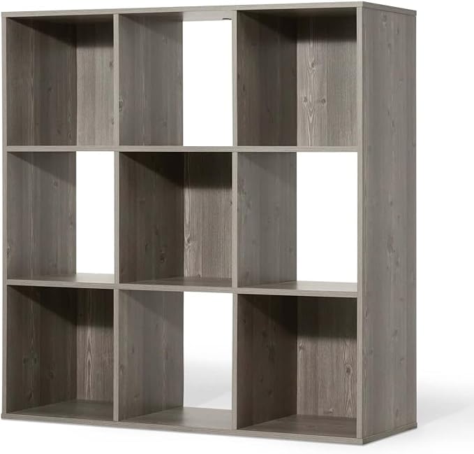 CAPHAUS Sturdy Room 11-Inch Cube Storage Organizer Shelf, with Thick Exterior Edge, Storage Shelf Divider w/Back, Bookcase, 9-Cube, Rustic Grey Oak