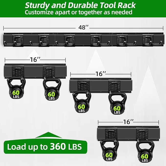 PIYILO Garage Organization, Garage Wall Organizer with 48 inches Rails and 6 Hooks, Tool Organizers Heavy Duty, Shovel Holder Wall Mount Max Load 360 LBS, Sturdy Garden Tool Rack for Folding Chairs | Heavy-duty Alloy Steel, 360 LBS Load, Wear & Tear Re...