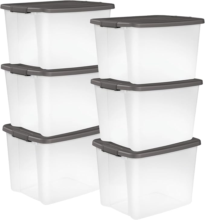 Sterilite 50 Qt ShelfTote, Clear Storage Bin with Latching Lid, 6 Pack | Clear Bins with Gray Lids - Stackable Organizing Container Boxes for Closet, Bathroom, and Office