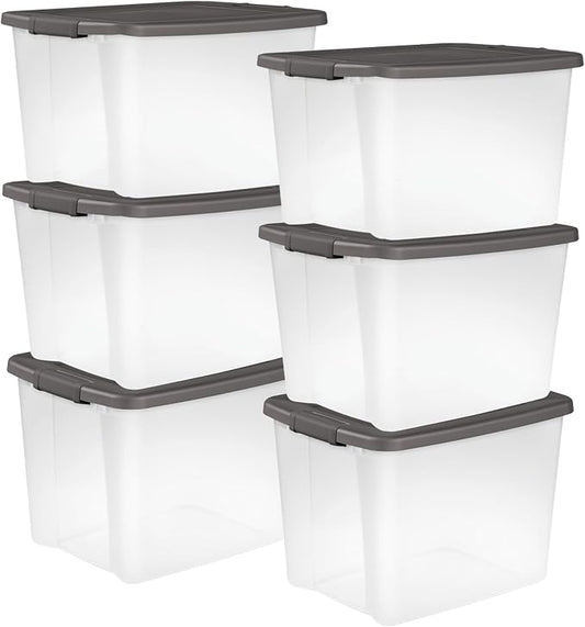 Sterilite 50 Qt ShelfTote, Clear Storage Bin with Latching Lid, 6 Pack | Clear Bins with Gray Lids - Stackable Organizing Container Boxes for Closet, Bathroom, and Office