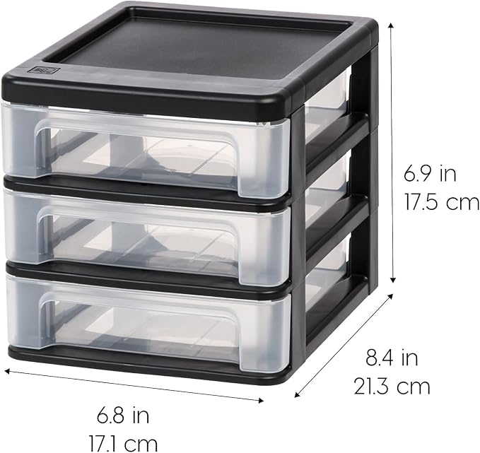 IRIS USA 2-Pack, 3-Drawer Small Plastic Stacking Desktop Organizer, Black | Organize office supplies, stationery, makeup, craft materials and everyday essentials for neat desktop storage
