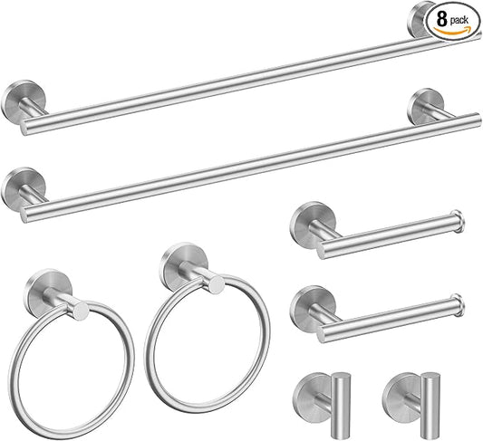 USHOWER 8PCS Brushed Nickel Bathroom Hardware Set, 24-Inch Towel Bar Set | Durable SUS304 Stainless Steel Bathroom Accessories Set, Towel Racks for Bathroom Wall Mounted, Modern Home Decor