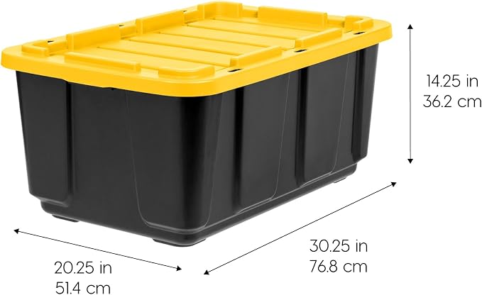 IRIS USA 8-Pack 27 Gallon Storage Bins with Lids |Made in USA| Heavy Duty Plastic Tote Containers for Truckbed Tool Box Organization, Large - Black/Yellow