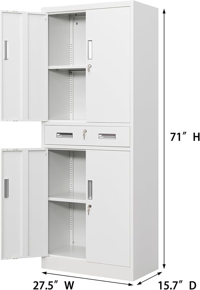 CJF 71" H Tall Metal Storage Cabinet with Drawer, Locking Garage Cabinet with 2 Adjustable Shelves, Heavy-Duty Tool File Storage Cabinets for Home Office, Kitchen, Warehouse, Shop (White)