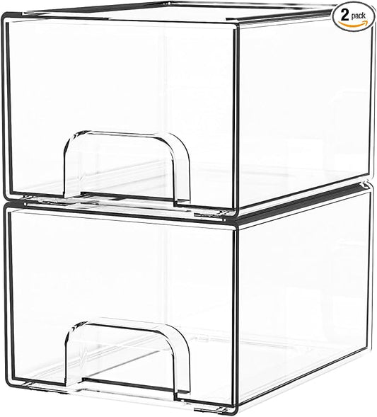 2 Pack Clear Stackable Storage Drawers,4.4'' Tall Acrylic Drawer Containers for Organizing,Bathroom Organizers and Storage Bin Box,Plastic Makeup,Medicine Organizer Bins for Cabinet,Undersink