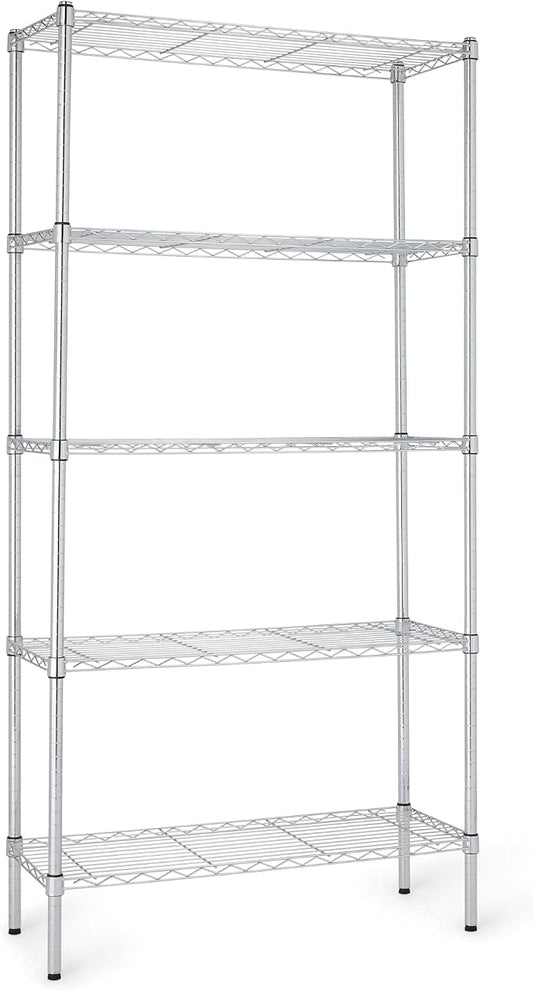 Amazon Basics 5-Shelf Adjustable Heavy Duty Steel Wire Rack, Space Saving Storage Shelving Organizer for Kitchen, Garage, No-Tool Assembly, 350 lbs Weight Capacity, 36" x 14" x 72", Chrome