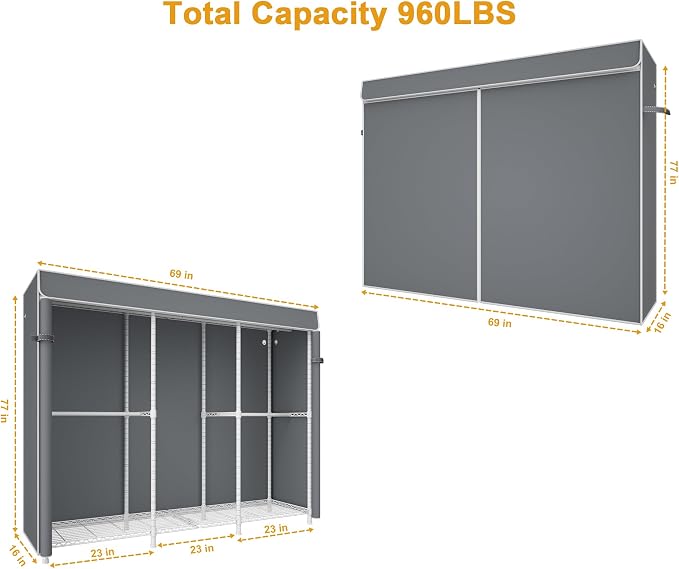 E14C Pro Heavy Duty Closet Organizer System，Freestanding Clothing Racks for Hanging Clothes，Adjustable Garment Rack 69" W × 16" D × 77" H Hold 960 lbs，White Rack with Grey Dustproof Cover
