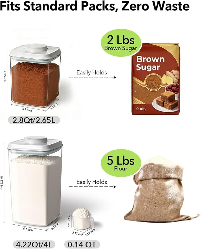 Airtight Food Containers Set with One-Touch Lid, Mixed Size Set (2.8 QT / 2.65 L & 4.2 QT / 4.0 L) with Scoop, Stackable Jars for Complete Kitchen Organization.