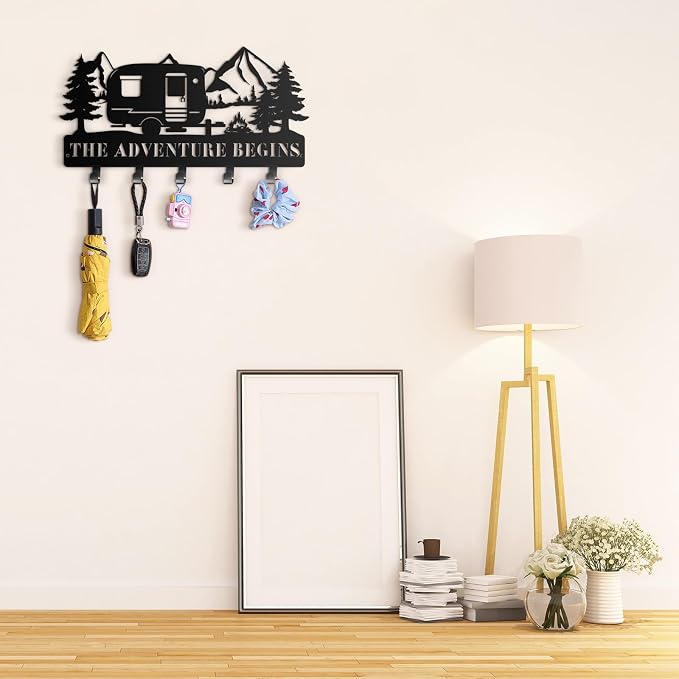 Maitys Keyholder Wall Decorative Metal Camper Key Rack Hanger with Hooks Christmas Decor Rustic Key Hook for Wall Mounted Decor for Entryway Front Door(11.02 x 5.51 Inch,Adventure Style)
