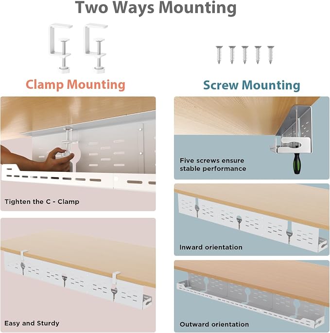 Univivi Under Desk Cable Management Tray, Cable Management, 48 inch, White | Durable Steel Material, Cord Organizer with No-Drill C-Clamp and Screw Mount, Effortless Wire Management for Office/Home