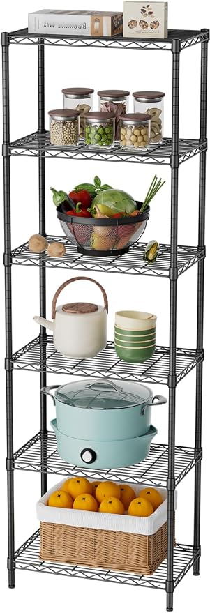 SINGAYE 6 Metal Shelves Wire Shelving Storage Shelf Adjustable Unit Pantry | 6 Tier Kitchen Laundry Room Organization Home Pantry Closet Bathroom Organizers Garage Rack 12" D x 22" W x 69.5" H Black