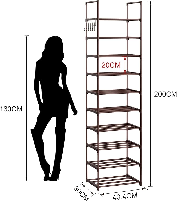 Tall 10 Tier Shoe Rack - 20-24 Pair Storage, Sturdy Metal Shoe Organizer with Hooks for Closet, Entryway, Brown