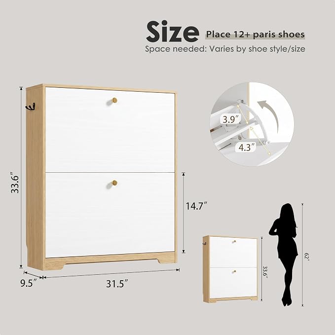 Nicetree Shoe Storage Cabinet with 2 Flip Drawers, Natural Oak and White | Narrow Shoe Organizer, Freestanding Shoe Rack Cabinet, Modern Shoe Storage Cabinet for Entryway, Hallway, Foyer, With Hook