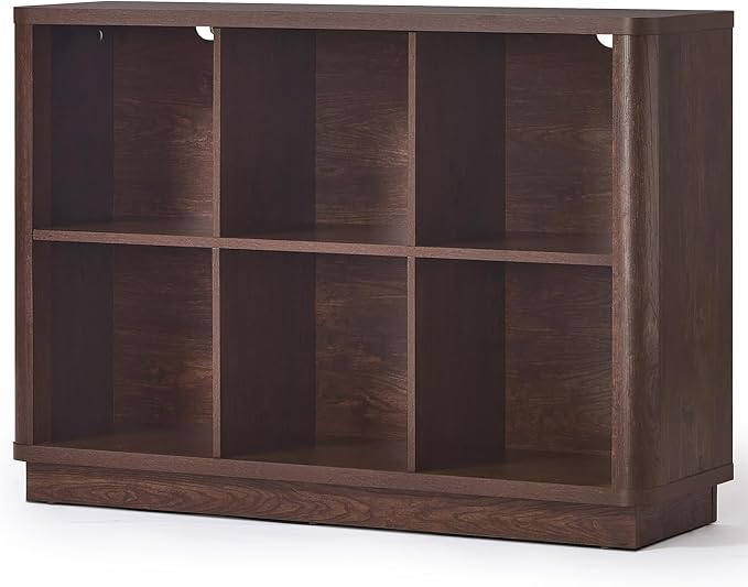 Joaxswe 6 Cube Bookcase, 40" Wide Low Horizontal Book Shelf w/Curved Edge, Wood Floor Standing 2-Tier Bookshelf with Base, Modern Short Storage Organizer for Bedroom,Office, Walnut