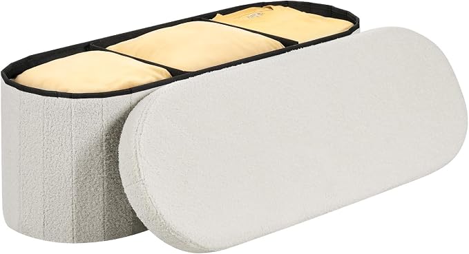 VEVOR Oval Storage Ottoman Bench, Foldable Teddy Fleece End of Bed Bench, Folding Upholstered Bed Ottoman Chest with Large Storage Space, Supports 660 lbs, for Living Room, Bedroom, Entryway, Beige