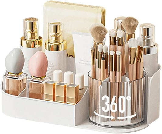 DASITON Large Capacity Makeup Organizer with 360° Rotating Makeup Brush Holder, Perfume and Skincare Storage Organizers for Vanity Bathroom Countertop, Cosmetic Display Case (White, 1 Tier)