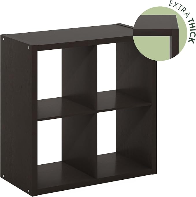 Furinno CUBICLE 4-Cube Book Shelf, Extra Thick Frame Bookshelf, Dark Oak | 14.6" x 30" x 30", Reversible Bookcase with Open Back, for Living Room, Bedroom, Home Office