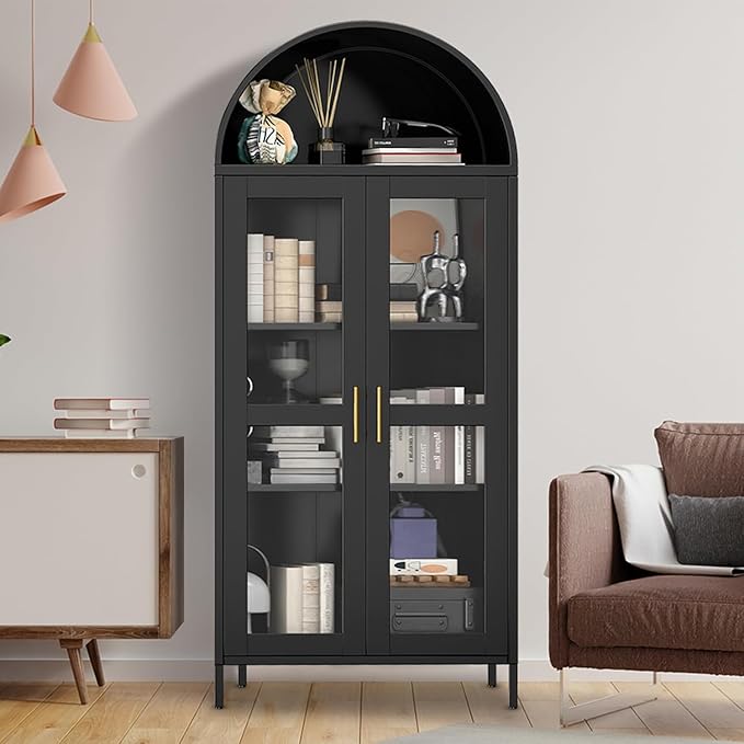 Garvee 73" Tall Arched Cabinet with Glass Doors and Adjustable Shelves | Black Arched Bookcase & Bookshelf, Freestanding Display Cabinet for Dining, Kitchen, Living Room, Powder-Coated Finish