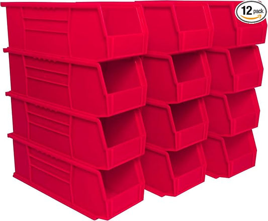 Akro-Mils 30234 AkroBins Plastic Storage Bins, 15"x5"x5", Red, 12-Pack | Space-Saving Stackable Bins for Garage, Pantry, Craft Organization