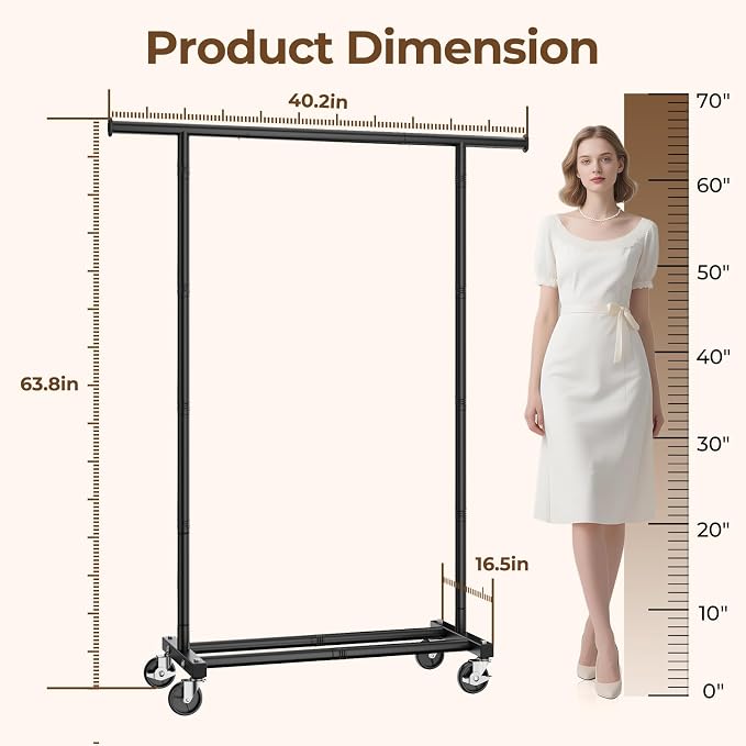 HYSEYY Clothes Rack, Clothing Rack for Hanging Clothes, Rolling Garment Rack Sturdy Coat Rack Portable Wardrobe Rack Metal Closet Rack for Bedroom Laundry Living Room, Black
