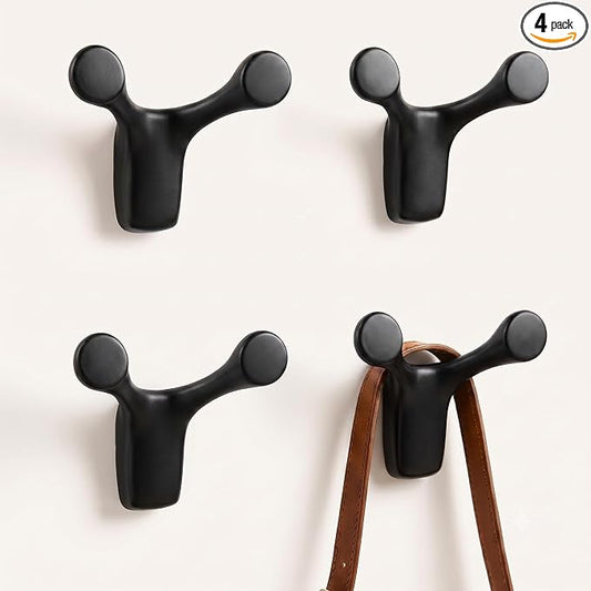 Coat Rack Wall Mount, Decorative Double Hanger Hooks, 4Pcs Balck Hook, Premium Zinc Alloy Y-Shaped/Antler Hook for Towels, Bags, Hats, Cups & Keys, Ideal for Entryway, Bedroom, Bathroom, Kitchen