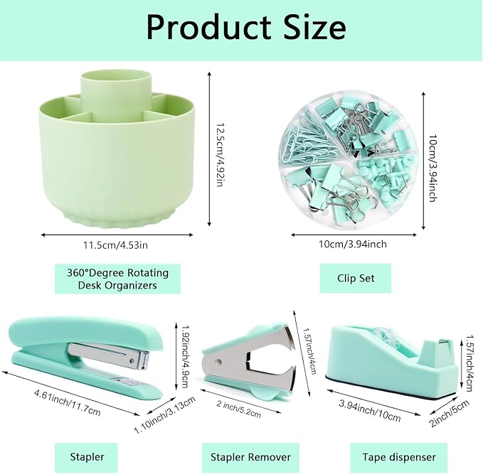 Office Supplies,Green Desk Accessories,Office Supplies Set,Desk Organizer,Stapler,Tape Dispenser,Scissors,Staple Remover,Binder Clips,Staples,Ballpoint Pen,Index Tabs with Ruler,Clear Tape.10pcs