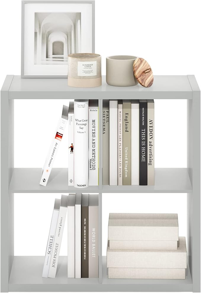 Furinno Cubicle Open Back Decorative Cube Storage Organizer, 4-Cube, Light Grey | 14.6" x 30" x 30", Reversible Bookcase with Open Back, for Living Room, Bedroom, Home Office