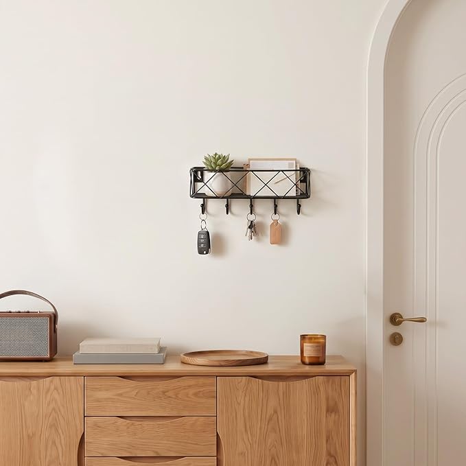HappyHapi Key Holder Wall Mount, Metal Key Rack, 9.8”Lx2.1”Wx4.1”H | Wall Mounted Key Hooks for Wall with 5 Hooks, Mail Holder for Wall for Entryway, Bedroom, Living Room