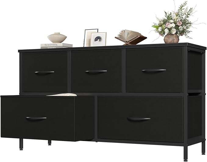 OLIXIS 5 Drawer Black Dresser for Bedroom, Closet Chest Organizer Furniture | TV Stand for Living Room Hallway, Wide Fabric Storage Tower with Wooden Top and Metal Frame