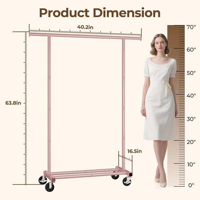 HYSEYY Clothes Rack, Clothing Rack for Hanging Clothes, Rolling Garment Rack Sturdy Coat Rack Portable Wardrobe Rack Metal Closet Rack for Bedroom Laundry Living Room, Pink